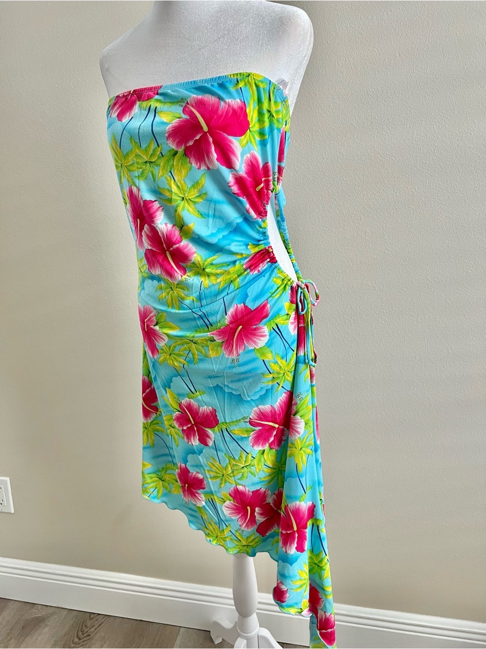 Tropical Hibiscus Asymmetrical Strapless Vacation Cutout Beach Dress Large